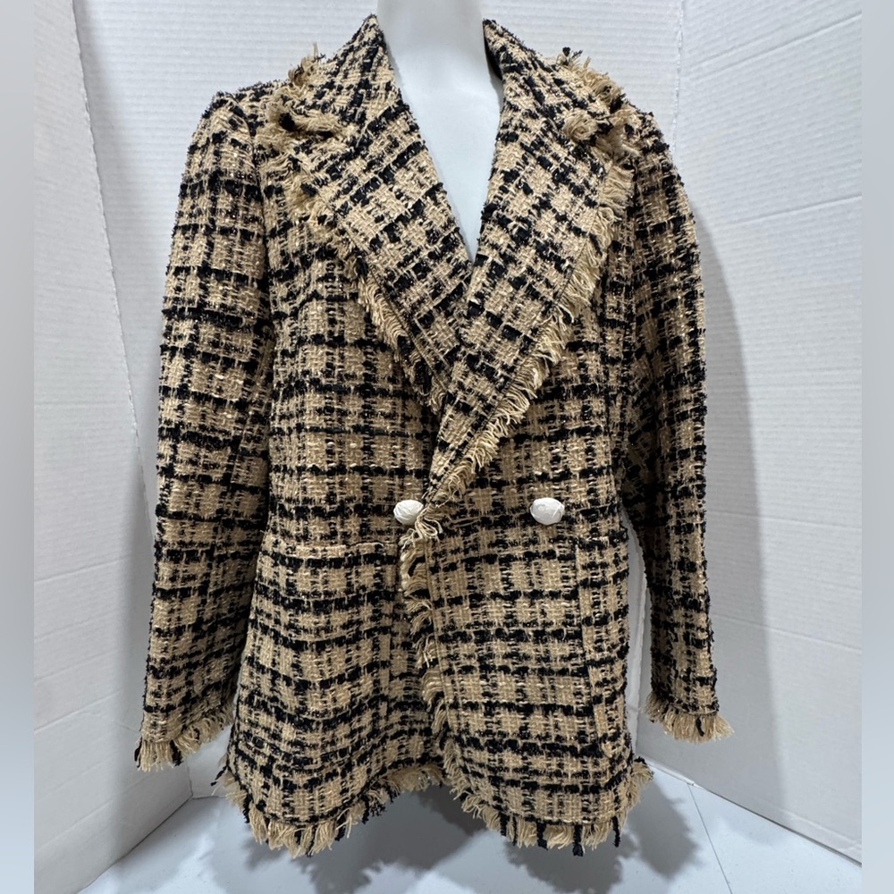 Kate Spade DOUBLE-BREASTED TWEED BLAZER IN ROASTED PEANUT/BLACK Size 10